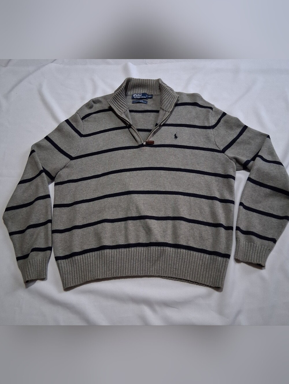 Polo by Ralph Lauren Gray Striped Half-Zip Sweater with Navy Accents